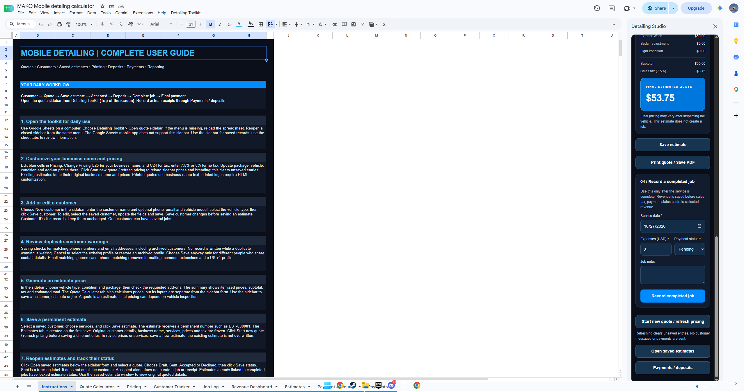 Google Sheets workspace