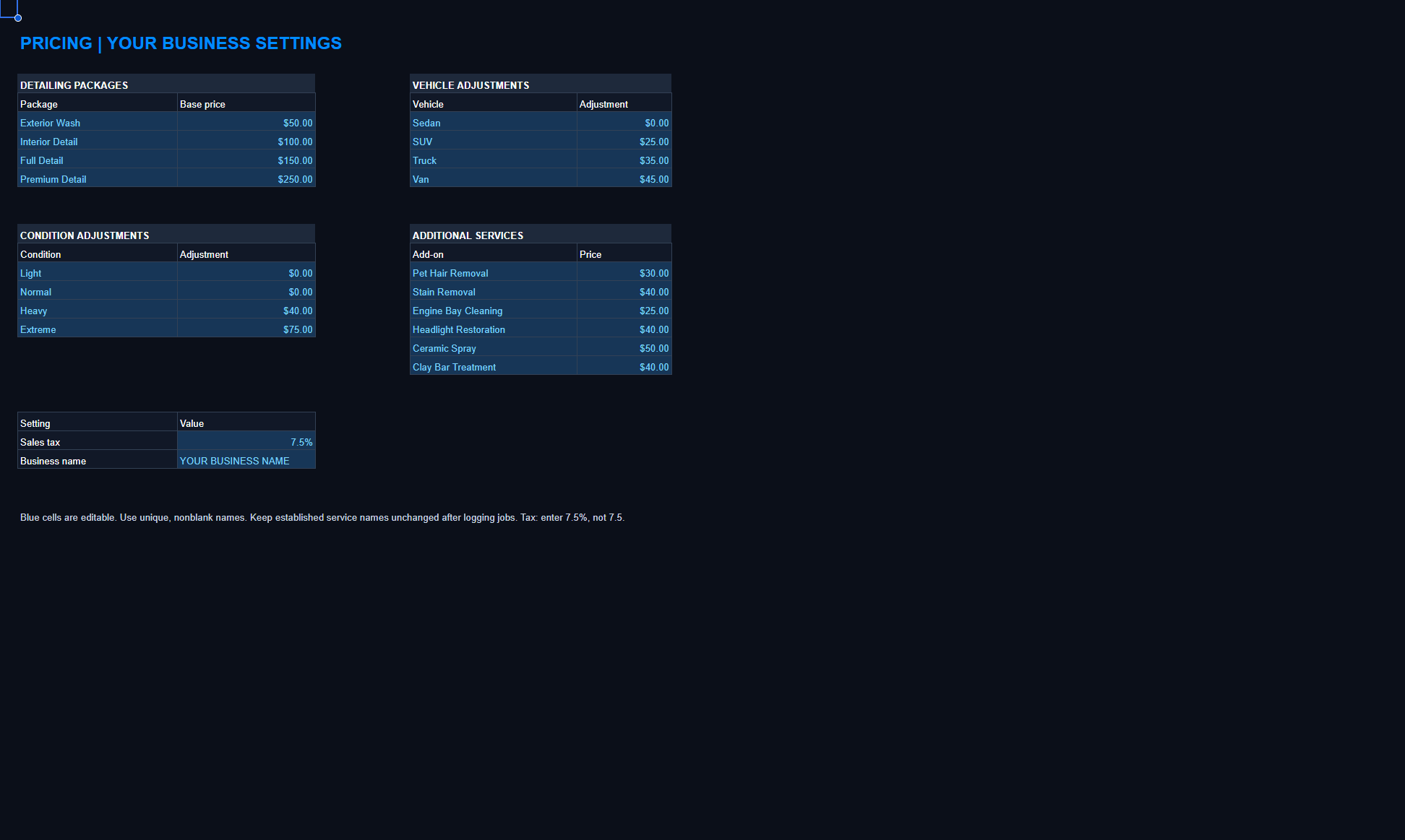 Pricing settings